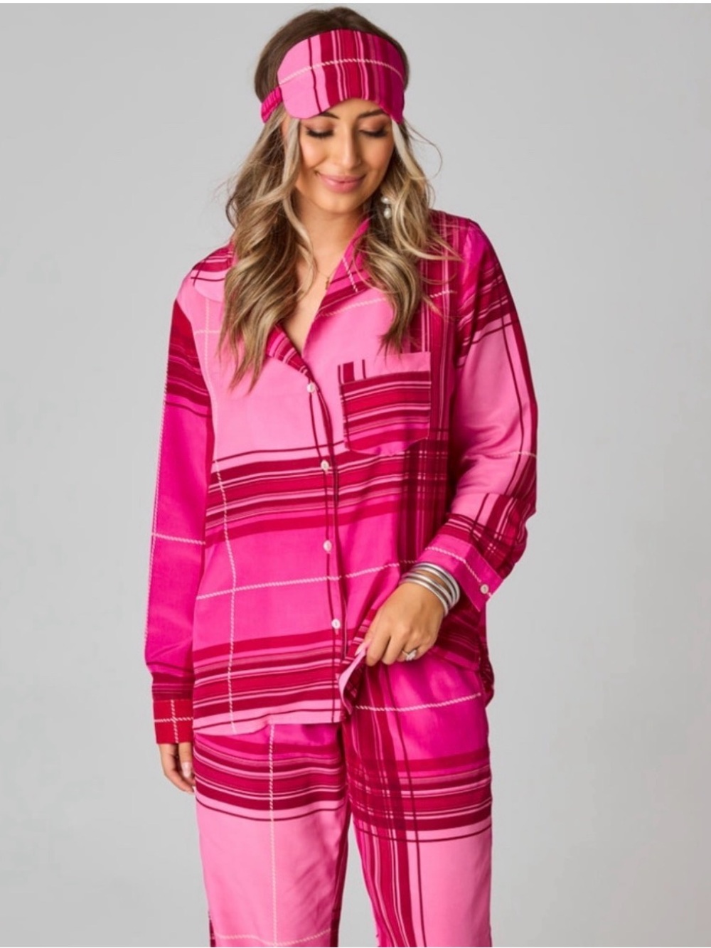 Vibrant Hot Pink Plaid Satin Pajama Set